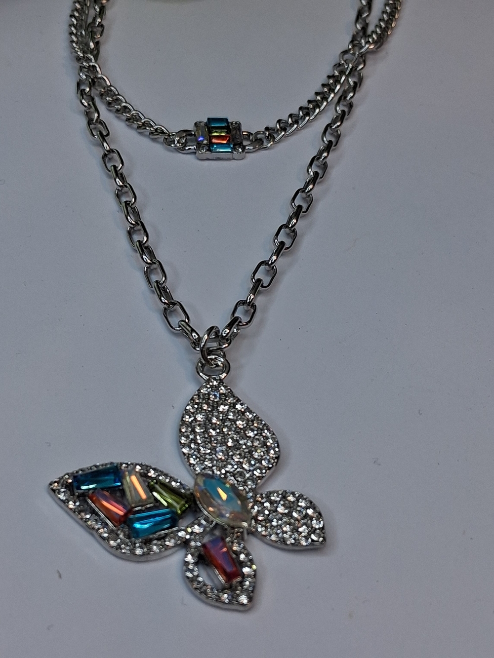 Layered Silver Butterfly Necklace With Multi-color Iridescent Rhinestones